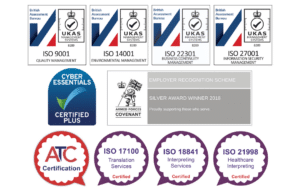 Emblems of ISO certifications and Cyber Essentials Plus achieved by DA Languages,