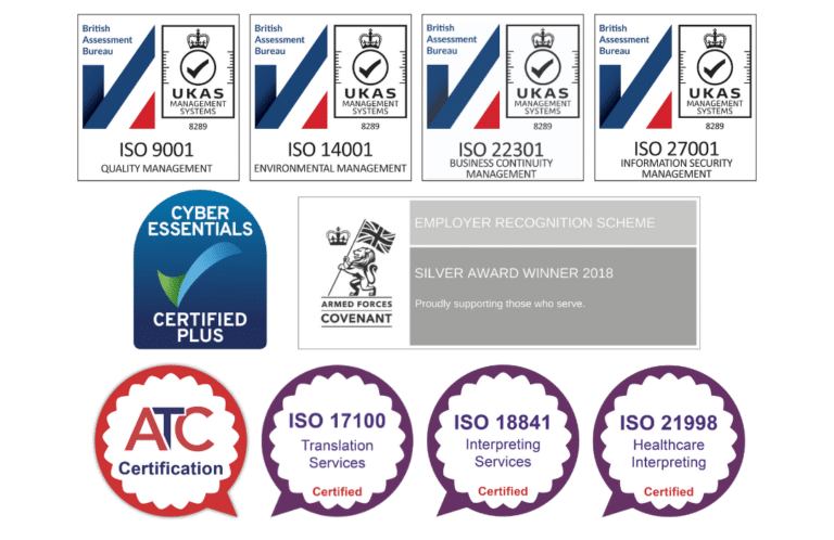 Emblems of ISO certifications and Cyber Essentials Plus achieved by DA Languages,